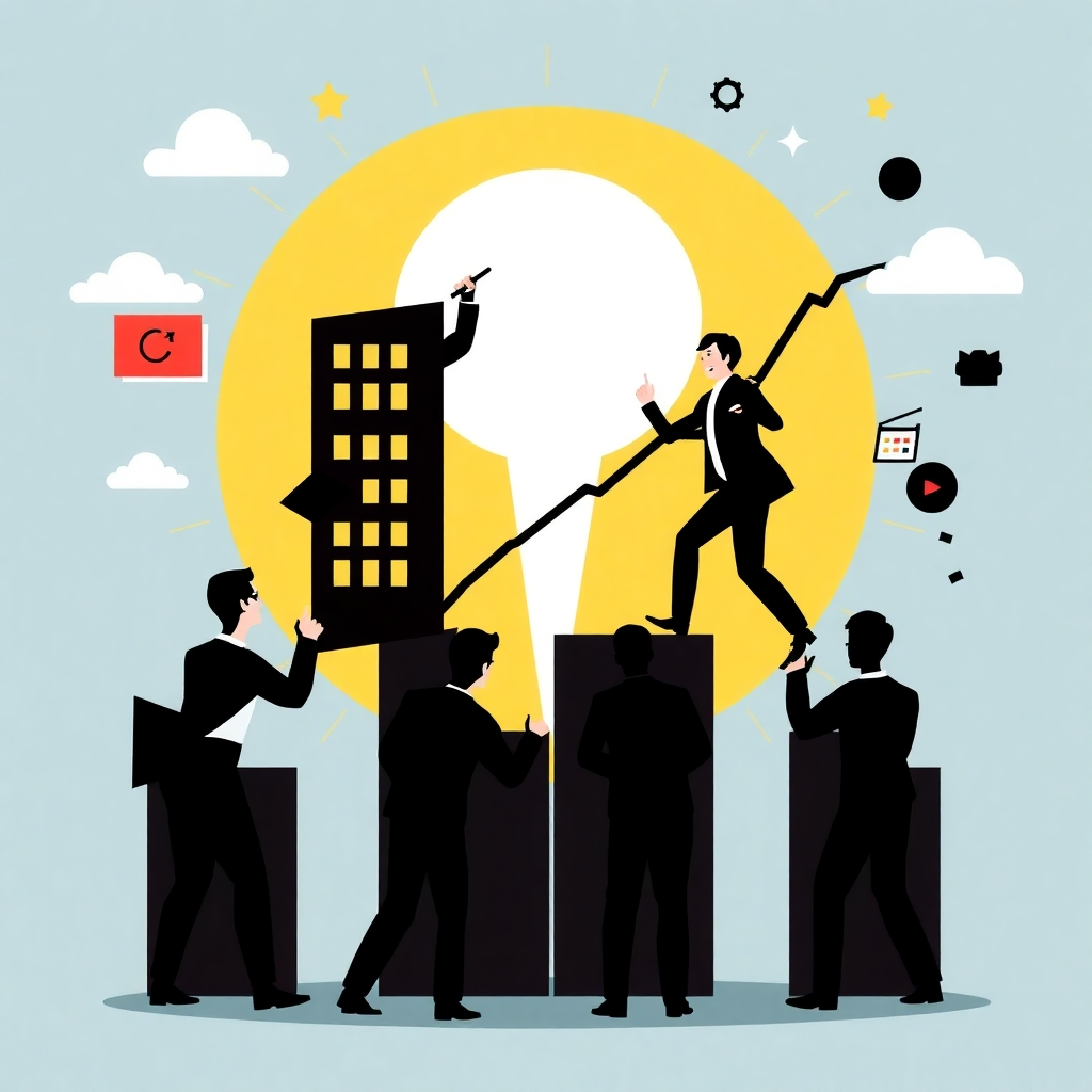 A visual representation of a business gaining a competitive edge. Use a dynamic and strategic style.