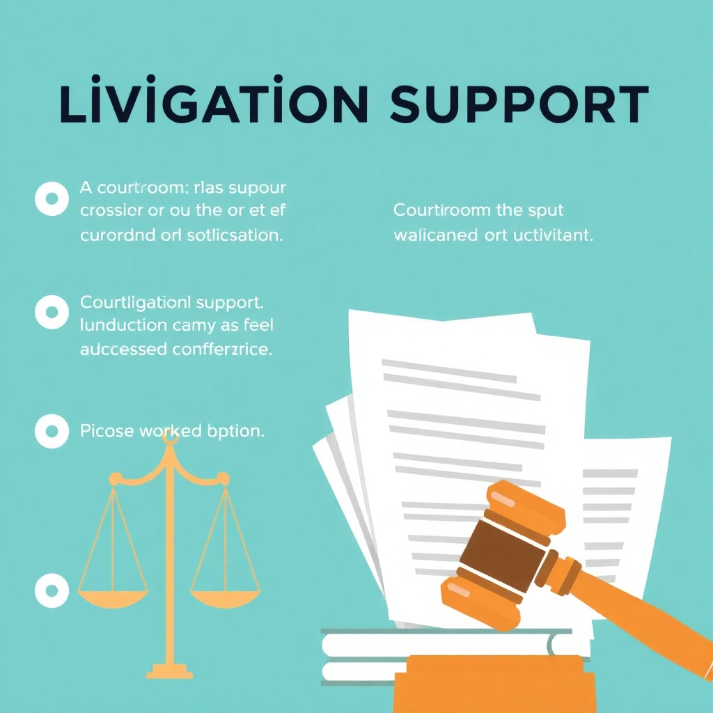  A visual representation of litigation support, such as courtroom documents. Use a professional and legal style.