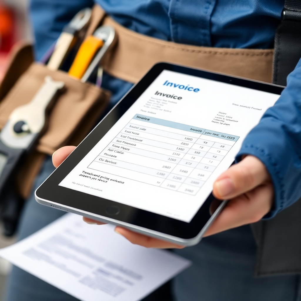 A well-organized invoice displayed on a tablet next to an electrician's tool belt, emphasizing affordability and value. The focus is on transparent pricing and quality service. The lighting should be clear and direct. The color palette should be professional, using blues, grays, and whites. The camera angle is close-up, highlighting the invoice and tools. Texture details should showcase the modern technology and professional appearance. The environment is a clean workspace. Props include the tablet, invoice, and tool belt. The style should be transparent and trustworthy.