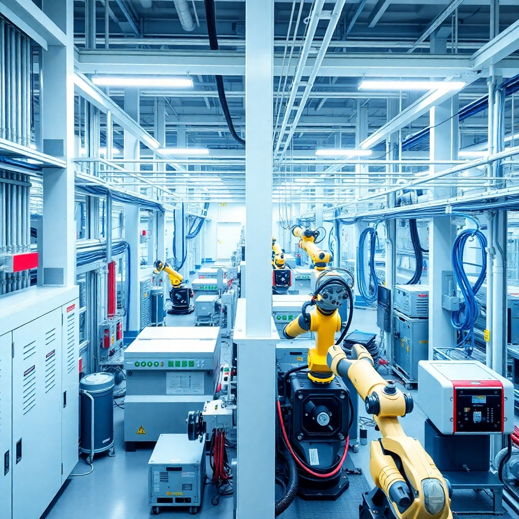 A wide shot of a clean and organized industrial facility. The focus is on the sophisticated electrical infrastructure and automated machinery. The lighting should be bright and efficient. The color palette should be blues and grays, conveying a sense of order. The camera angle is high, capturing the scale of the operation. Texture details should showcase the durability of the equipment. The environment is a modern factory. Props include control panels and automated robots. The style should be industrial and efficient.