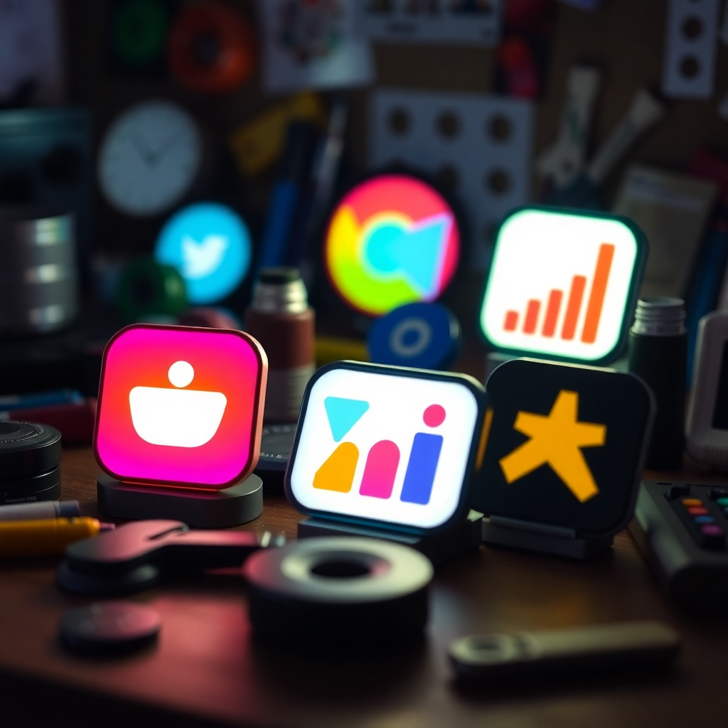 A workbench filled with digital tools – a writing app icon, a video editing icon, a marketing analytics icon. Each tool is glowing slightly. The color palette is vibrant and inspiring, showcasing the potential of each tool.