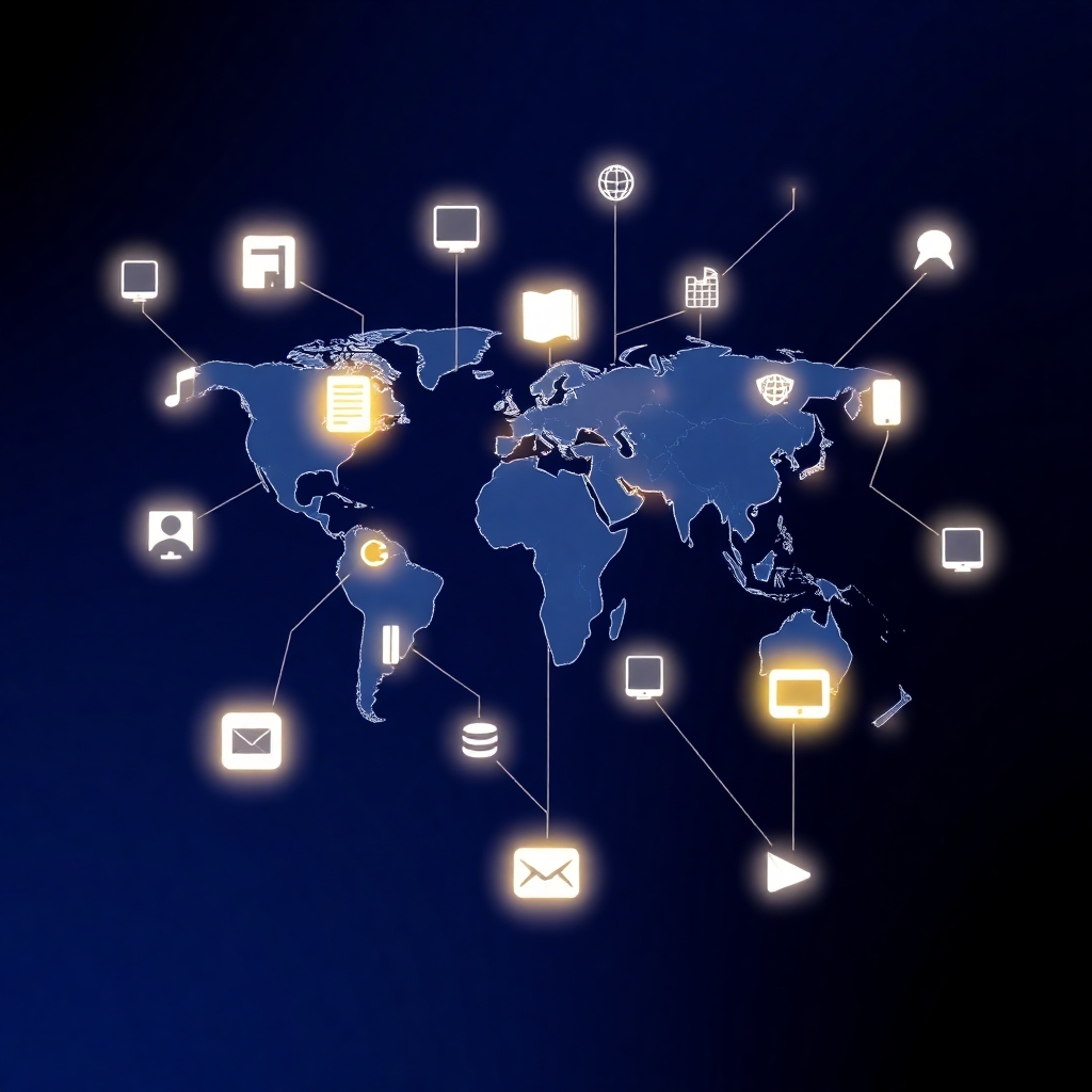 A world map made of interconnected digital icons representing various digital products (ebooks, courses, software). The icons are illuminated, highlighting their global reach. The background is a dark blue gradient, creating a sense of vastness and connectivity. The style is futuristic and tech-oriented.