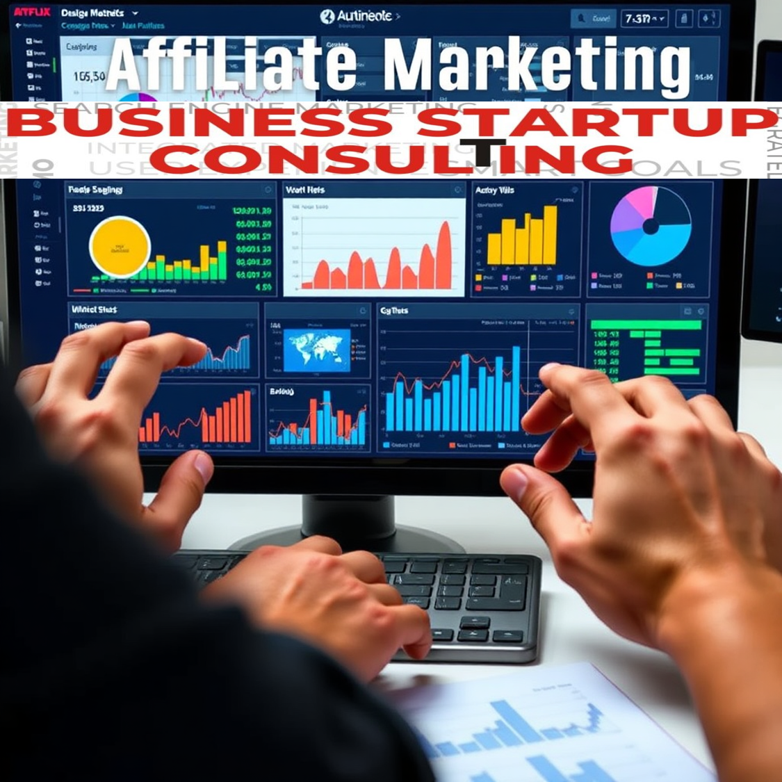 Create an image representing the management of affiliate marketing campaigns. The visual should show a dashboard with various campaign metrics, charts, and data visualizations, with hands actively managing and optimizing the campaigns in real-time. Convey a sense of active involvement and optimization.