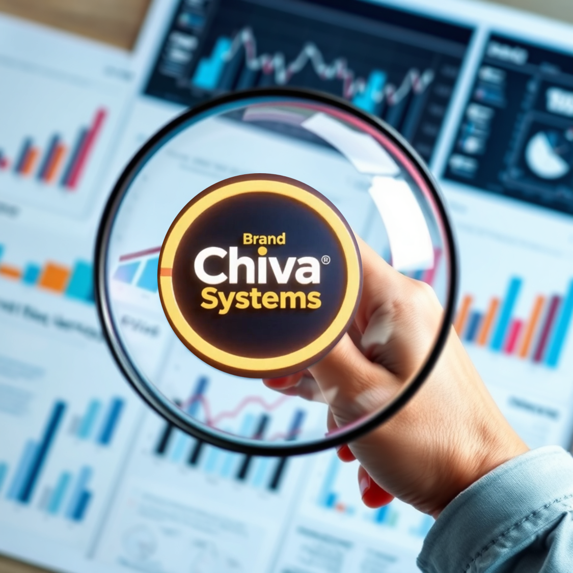 Create an image representing in-depth analysis and reporting. The visual should show a person examining data analytics charts and graphs with a magnifying glass, highlighting key insights and trends. Focus on the analytical side of the service, conveying the extraction of valuable information from data.