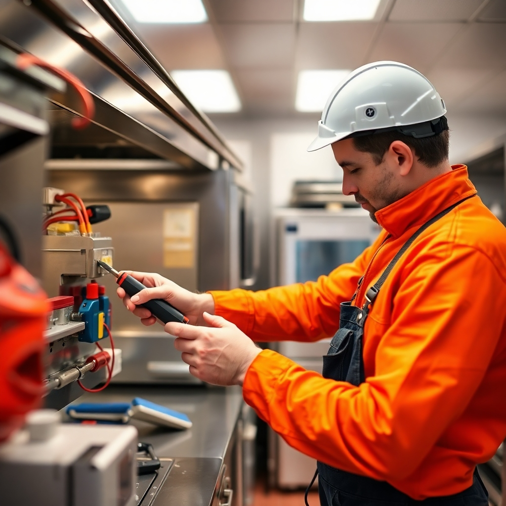 An electrician quickly and efficiently troubleshooting a malfunctioning appliance in a modern commercial kitchen. The focus is on quick problem-solving and reliability. The lighting should be bright to enhance visibility. The color palette should be vibrant and modern. The camera angle is action-oriented to capture speed and efficiency. Texture details should showcase the cleanliness of the environment. The environment is a bustling commercial kitchen. Props include diagnostic tools and various kitchen appliances. The style should be energetic and professional.