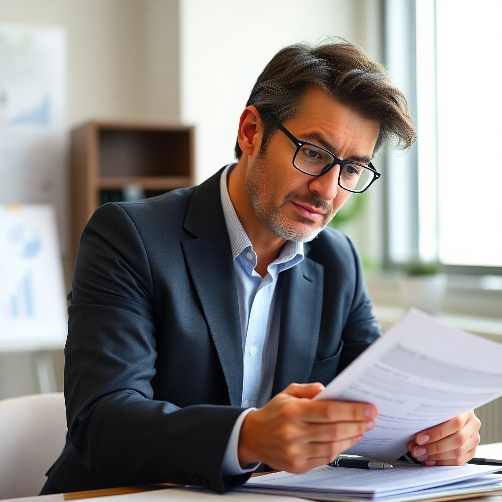  An experienced professional reviewing financial documents with a confident expression. Use a photorealistic style to convey expertise and reliability.