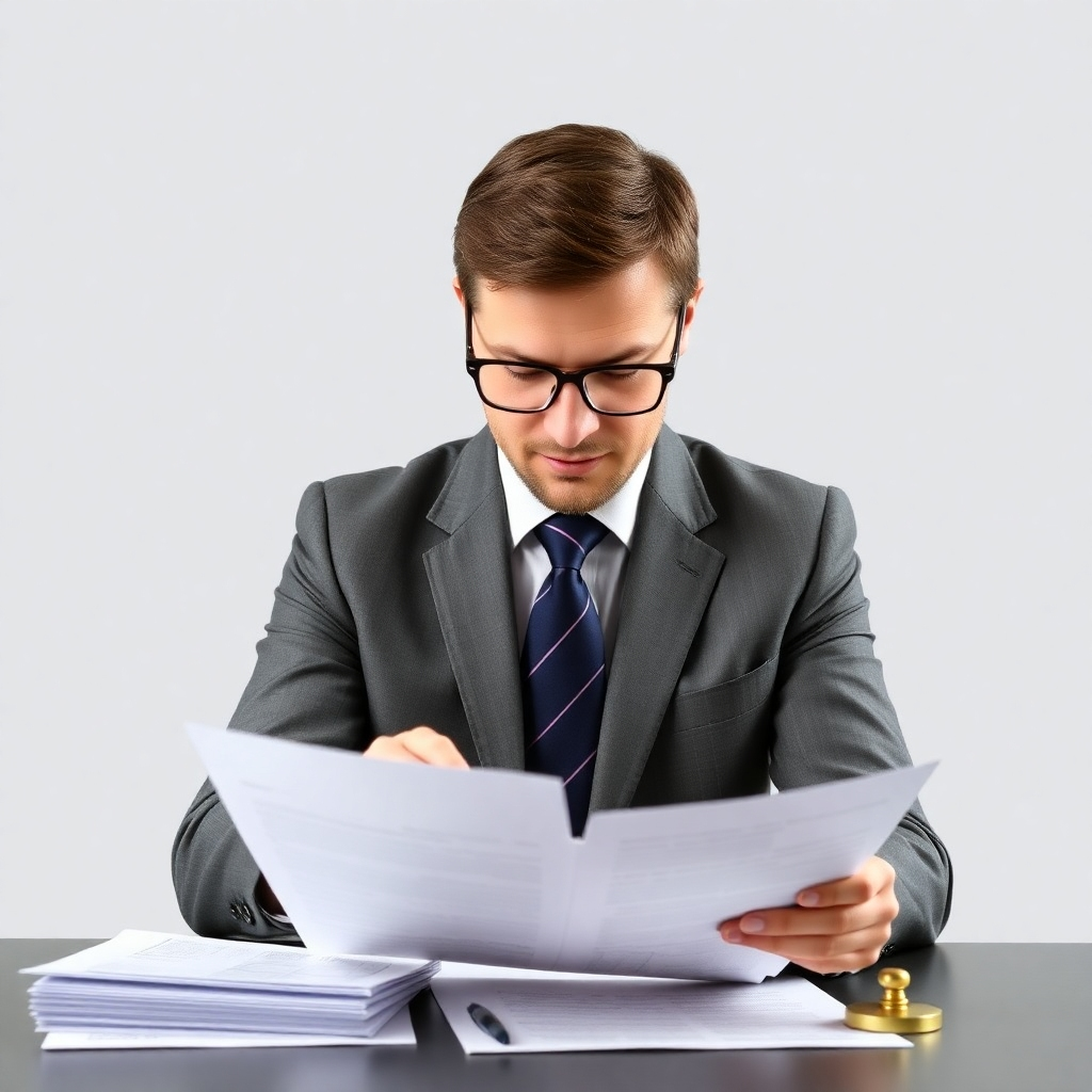 An independent auditor reviewing financial documents, symbolizing objectivity and assurance. Use a professional and trustworthy style.