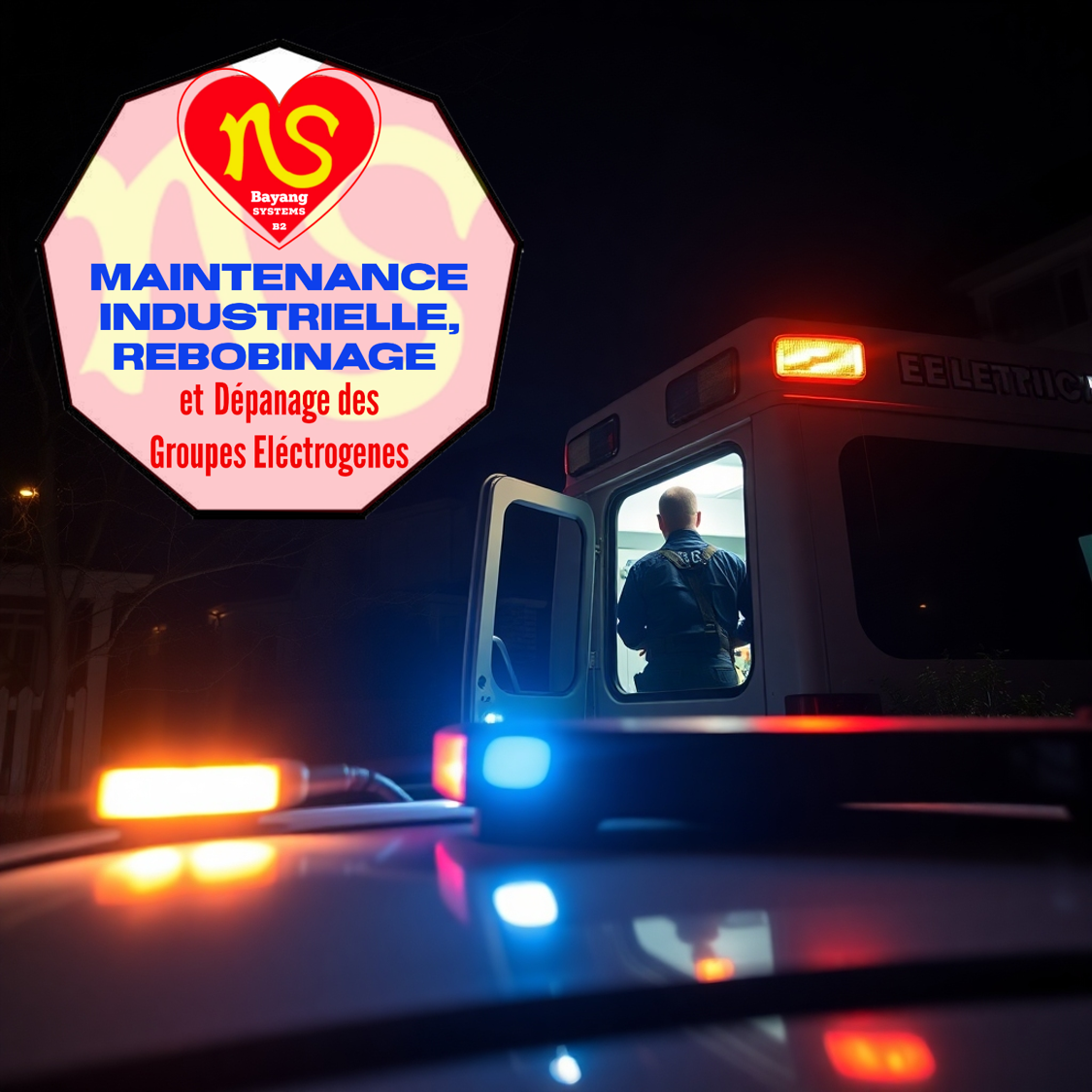 A nighttime scene of an electrician arriving at a house in an emergency vehicle, responding to an urgent electrical issue. The focus is on rapid response and availability. The lighting should be dramatic, emphasizing the emergency situation. The color palette should be dark with flashes of emergency lights. The camera angle is low, capturing the urgency of the situation. Texture details should showcase the emergency vehicle and equipment. The environment is a residential neighborhood at night. Props include flashing lights and emergency tools. The style should be urgent and reliable.