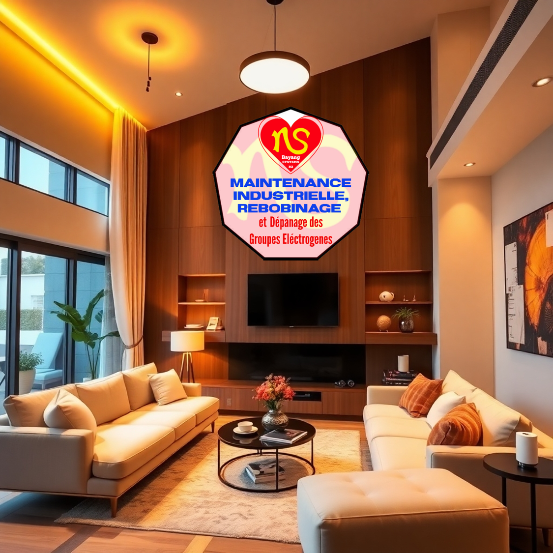 A stylish and energy-efficient living room featuring modern LED lighting fixtures. The focus is on highlighting the warm and inviting ambiance created by the lighting. The lighting should be soft and elegant, casting a welcoming glow. The color palette should be warm and inviting, featuring yellows, oranges, and soft whites. The camera angle is wide to capture the full impact of the lighting design. Texture details should emphasize the luxurious materials and modern design elements. The environment is a well-designed, modern home. Props include smart home devices that control the lighting. The style should be contemporary and elegant.