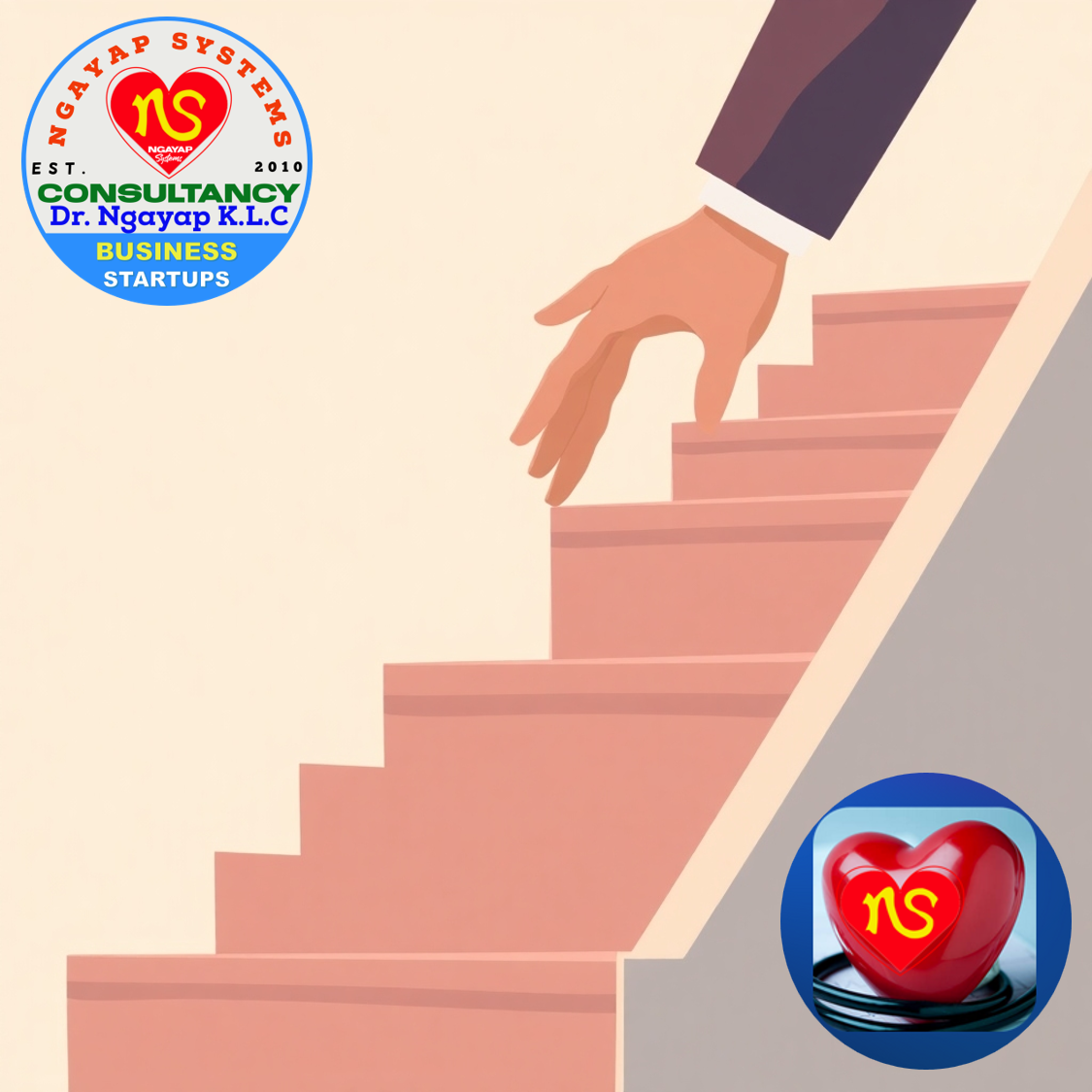 A stylized image representing a helping hand guiding someone up a staircase. The staircase should symbolize progress and growth, and the helping hand should represent support and guidance. The color palette should be warm and inviting, with soft lighting to create a sense of comfort and security. Style reference: Minimalist illustration. Technical specs: 4K resolution, high quality.