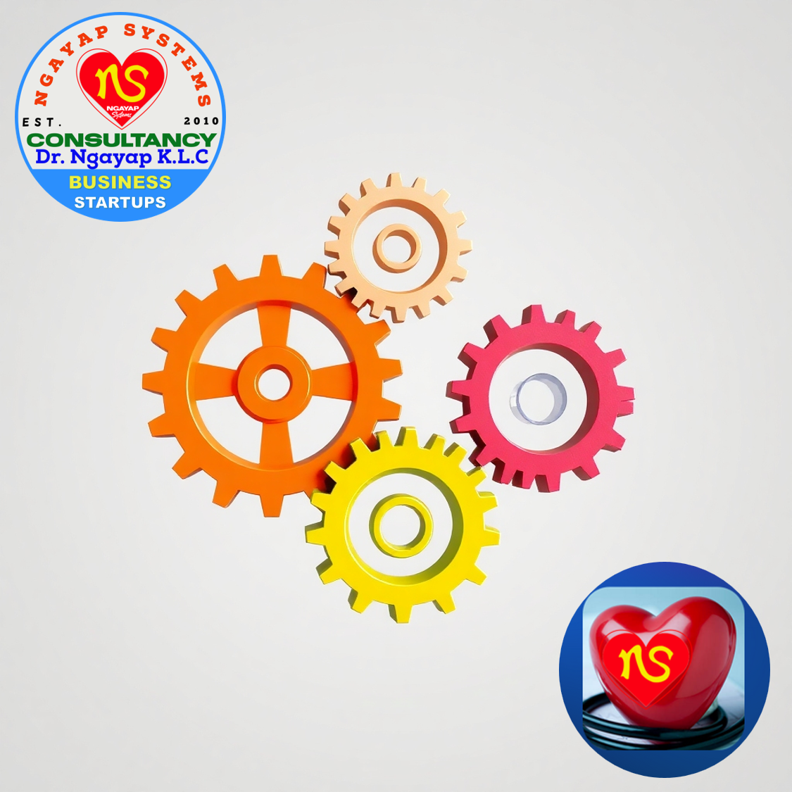 A photorealistic image of interlocking gears, symbolizing the integration of different elements. Each gear should represent a key aspect of the business, such as personal development, business consulting, and training. The gears should be brightly colored and intricately detailed, showcasing the complexity and interconnectedness of the system. The background should be a neutral color, drawing attention to the gears. Style reference: Conceptual photography. Technical specs: 4K resolution, high quality.