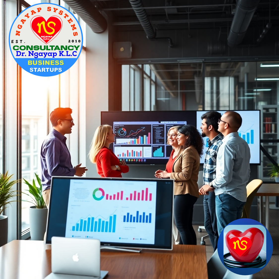 A photorealistic image featuring a diverse team collaborating in a modern office space. They are reviewing charts and graphs displayed on a large screen. The atmosphere should be energetic and collaborative, with natural light flooding the room. The composition emphasizes teamwork and strategic thinking. The style should be similar to modern corporate photography.