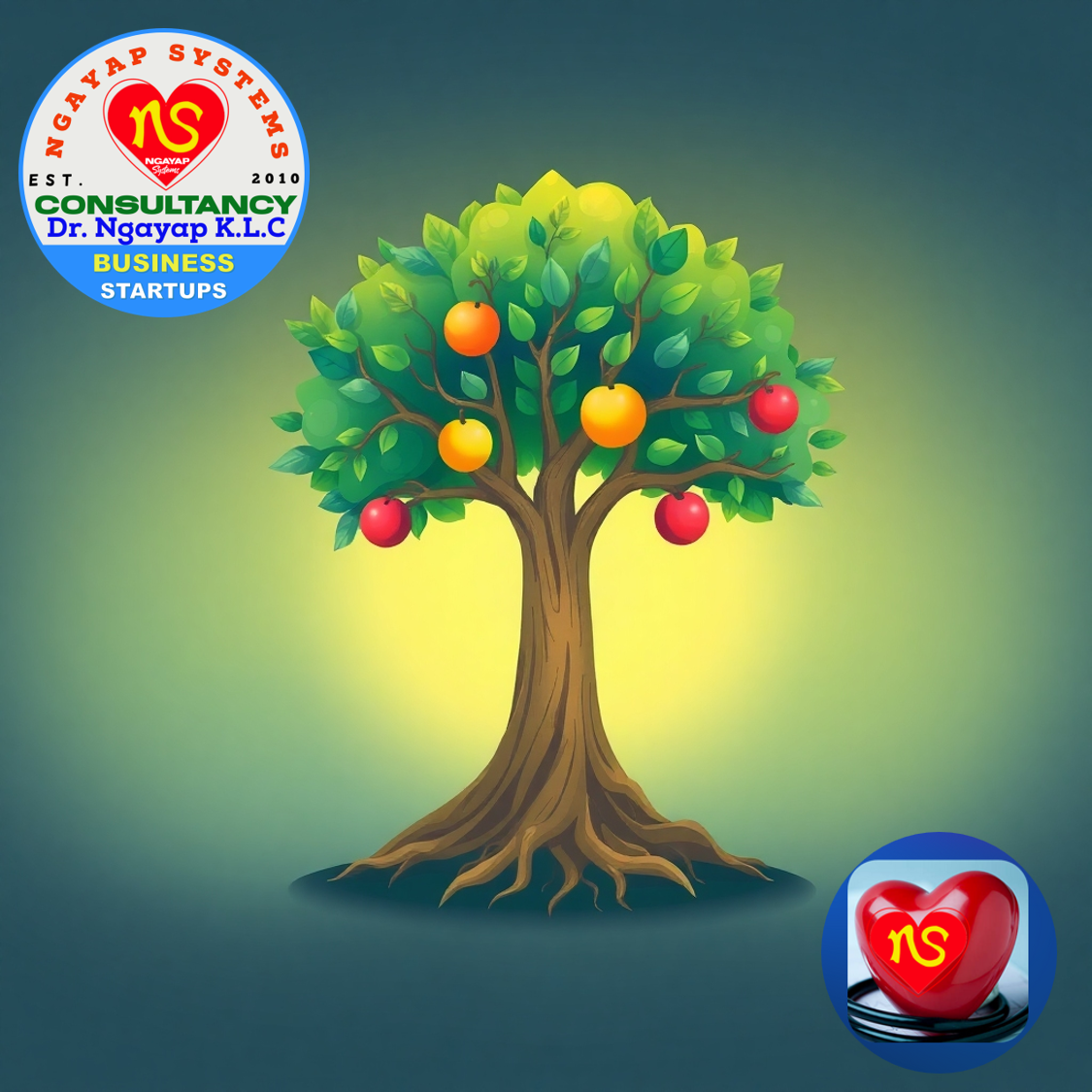  A stylized illustration representing the interconnectedness of mind, body, and spirit. The image should feature a tree with roots representing the foundation of well-being, a trunk symbolizing personal growth, and branches bearing fruit representing success and fulfillment. The color palette should be vibrant and harmonious, using a range of greens, blues, and yellows to represent nature, peace, and positivity. The lighting should be soft and diffused, creating a sense of calm and tranquility. Style reference: Nature-inspired illustration. Technical specs: 4K resolution, high quality.