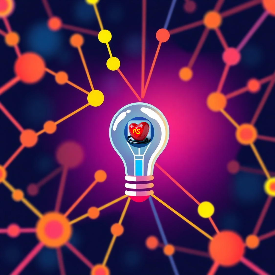A stylized image representing a lightbulb lighting up within a network of interconnected nodes. The lightbulb should symbolize innovation and creativity, and the interconnected nodes should represent collaboration and communication. The color palette should be vibrant and energetic, with bright, contrasting colors to create a sense of excitement and possibility. Style reference: Vector illustration. Technical specs: 4K resolution, high quality.