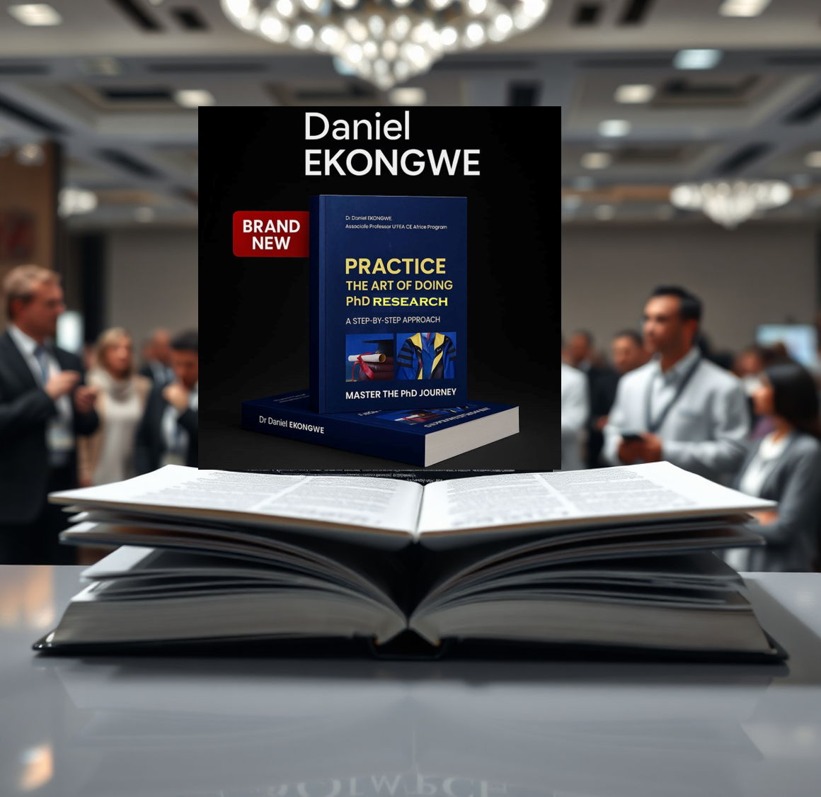 Visualize a photorealistic image of a research paper being published in a prestigious journal. The journal cover should be prominently displayed, with subtle lighting emphasizing its importance. In the background, depict researchers presenting their findings at an international conference. Style: Professional, impactful, and prestigious. Color palette: Sophisticated and academic, with a focus on blacks, whites, and grays.