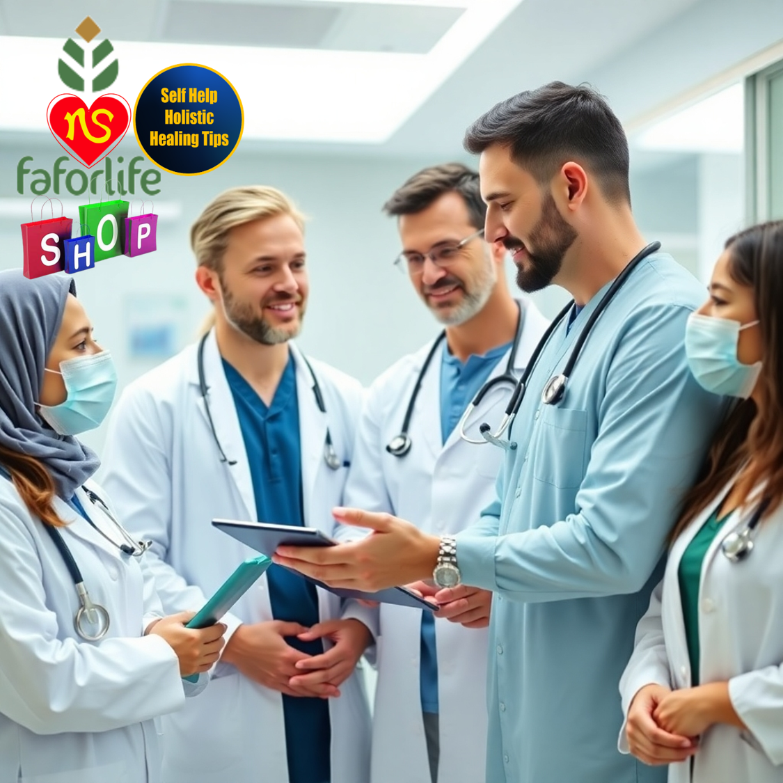 Create an image of a team of experienced medical professionals collaborating in a modern clinic. The lighting should be bright and professional. 4K resolution.