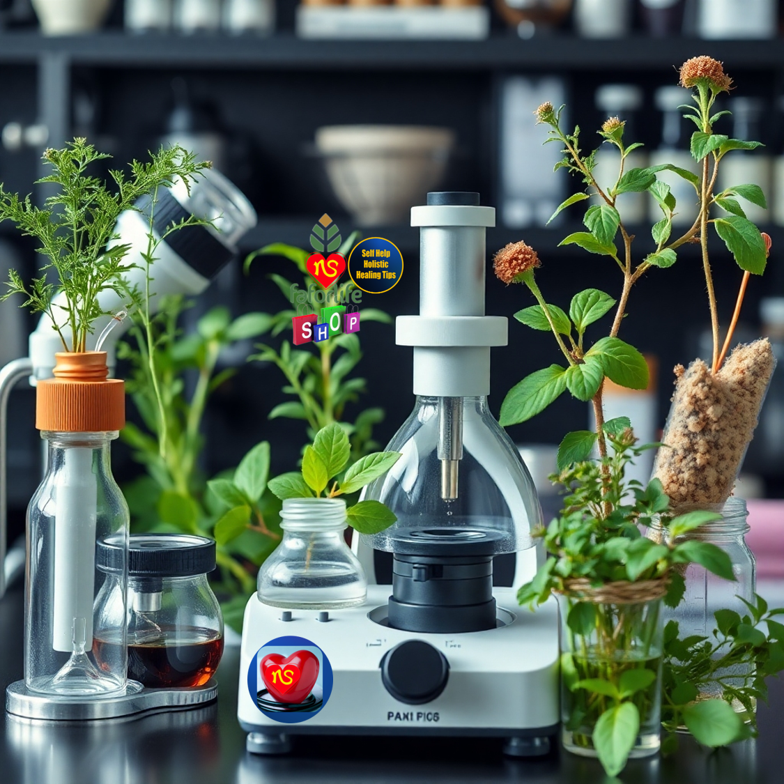 Create an image showcasing scientific equipment intertwined with natural elements such as plants and herbs. Use a balanced composition. 4K resolution.