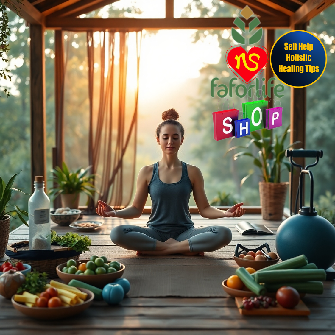  Create an image representing a person meditating in a serene natural setting, surrounded by healthy food and fitness equipment. The lighting should be warm and inviting, creating a sense of peace and tranquility. The color palette should be earthy tones and calming blues and greens. Style: photorealistic with a focus on natural beauty and balance. 4K resolution.