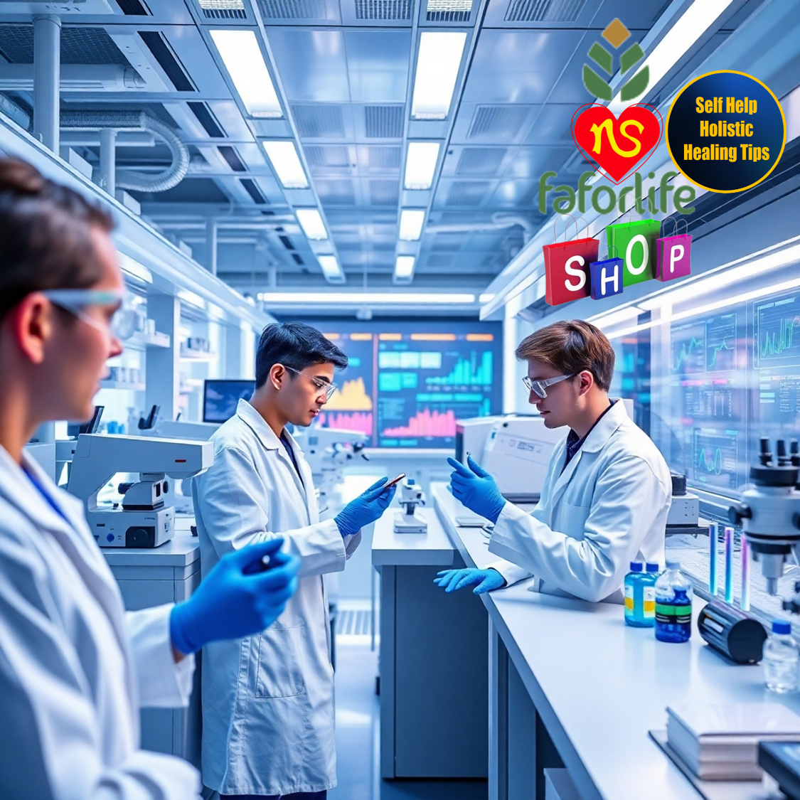  Create a futuristic image of scientists working in a state-of-the-art laboratory, surrounded by advanced equipment and data visualizations. The lighting should be bright and sterile, emphasizing the scientific environment. The color palette should be primarily blues and whites, with pops of vibrant colors representing scientific discovery. Style: modern and technological. 4K resolution.
