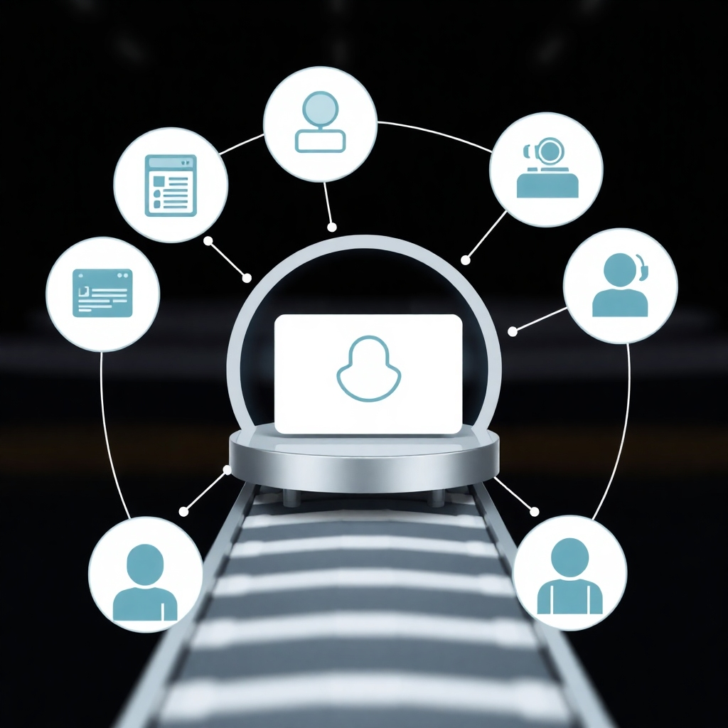 Conveyor belt smoothly transporting a digital product through various stages, like payment, download, delivery and customer support. Showing automation.