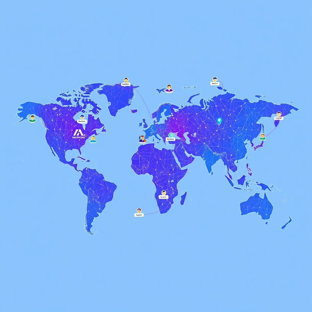 Create a stylized image of a global network map, with interconnected nodes representing researchers and industry professionals. The map should be vibrant and dynamic, symbolizing collaboration and knowledge sharing. Style: Modern, interconnected, and global. Color palette: Bright and energetic, with a focus on blues and purples.