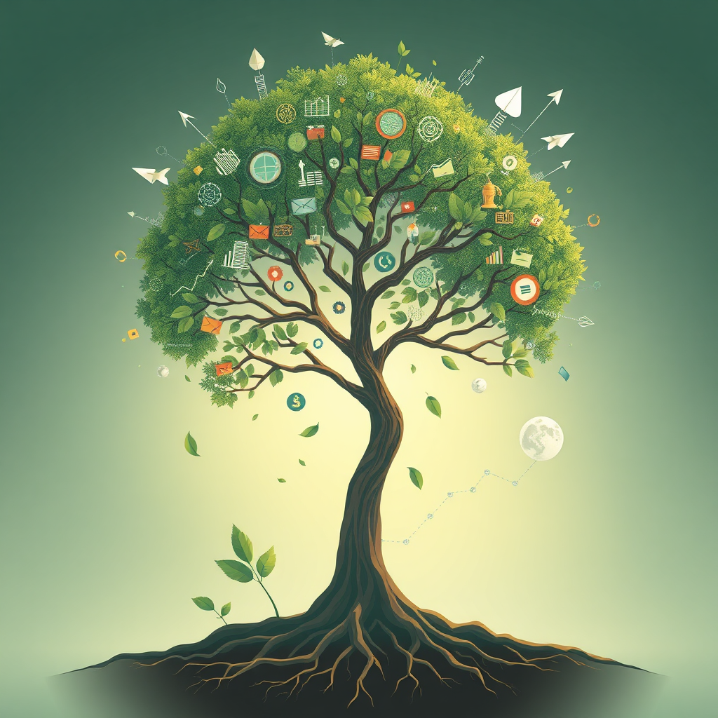 Create an image representing adaptability and evolution. The visual should feature a tree growing and adapting to its environment, with its roots reaching deep into the ground and its branches reaching towards the sky. The tree should be surrounded by various elements representing market trends and changes. The color palette should be natural and organic, with greens, browns, and blues. The overall impression should be one of resilience, adaptability, and long-term growth.