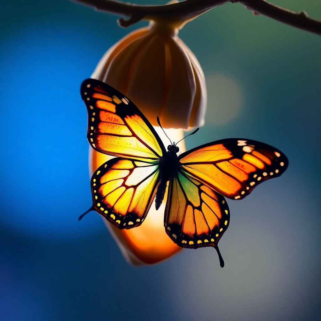 Create an image showing a butterfly emerging from a chrysalis, symbolizing transformation and renewal. The lighting should be soft and ethereal, creating a sense of wonder and possibility. The color palette should be vibrant and uplifting. 4K resolution.