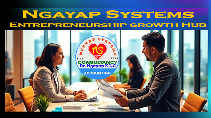 A brightly lit, modern office space filled with diverse professionals collaborating on financial reports and strategy. The main focus is a confident consultant explaining data insights to an entrepreneur across a sleek desk. Behind them, a blurred cityscape symbolizes business growth. Warm lighting and a color palette of blues, greens, and golds create a sense of trust and expertise. Include charts, graphs, and financial documents subtly placed to represent the core accounting and business management services offered by Ngayap Systems. Capture the dynamic of a collaborative consulting session, showcasing data-driven decision-making. Use a wide-angle lens with shallow depth of field to draw focus to the consultant and entrepreneur. Style: Professional corporate photography with a touch of aspirational imagery. Technical specs: 8K resolution, hyperrealistic.