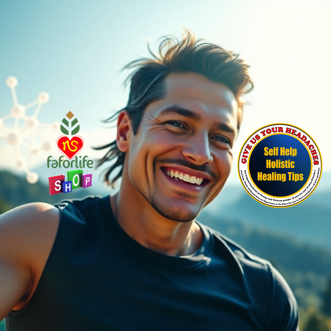 Create a photorealistic, ultra-high quality 8K image for a website header. The image should feature a vibrant, healthy individual radiating energy and vitality. In the background, subtly include abstract representations of stem cells (perhaps glowing, interconnected nodes) and a calming natural landscape (e.g., a serene forest or mountain range). The lighting should be soft and diffused, creating a sense of well-being. The color palette should be dominated by calming blues, greens, and earth tones, with subtle pops of gold to represent rejuvenation. The camera angle should be a slightly low angle, emphasizing the strength and confidence of the individual. Add texture details to skin and environment for realism. The overall style should evoke feelings of scientific advancement, natural healing, and personalized care, reflecting the essence of 'Premium stem cell therapies + personalized wellness coaching = A stronger, rejuvenated YOU. Backed by science, powered by nature.' Hyperrealistic details are a must.