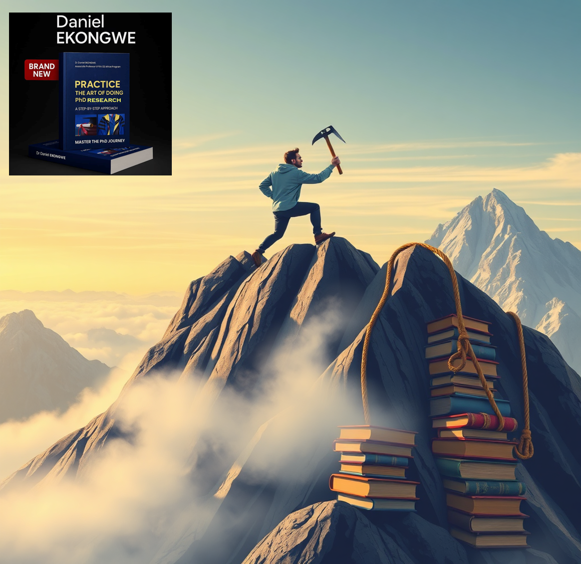 Create a stylized image representing a researcher climbing a mountain of books, using tools like a pickaxe (representing determination) and a rope (representing mentorship). The sky above is clear, symbolizing success, while the base of the mountain is shrouded in mist, symbolizing challenges. Style: Motivational, symbolic, and determined. Color palette: Warm and encouraging, with a focus on golds and blues.