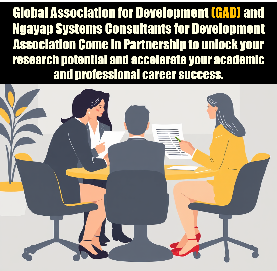 Create a stylized image of a team of consultants reviewing a research proposal, providing constructive feedback and suggestions. The setting should be a collaborative and professional office space. Style: Collaborative, analytical, and supportive. Color palette: Professional and encouraging, with a focus on grays and yellows.