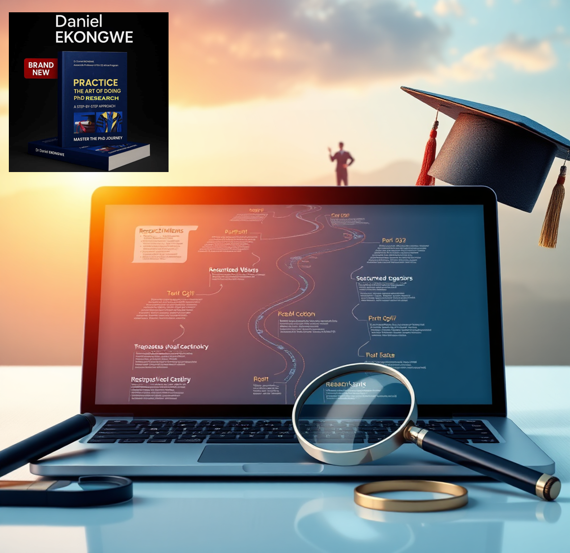 Create a photorealistic image of a detailed roadmap unfolding from a laptop screen, leading towards a graduation ceremony. The roadmap should be intricately designed with various research milestones and key decision points. The color palette should be vibrant, representing progress and success. Style: Infographic, detailed, and optimistic. Props: Magnifying glass, compass, graduation cap. The overall mood should be forward-thinking and goal-oriented.