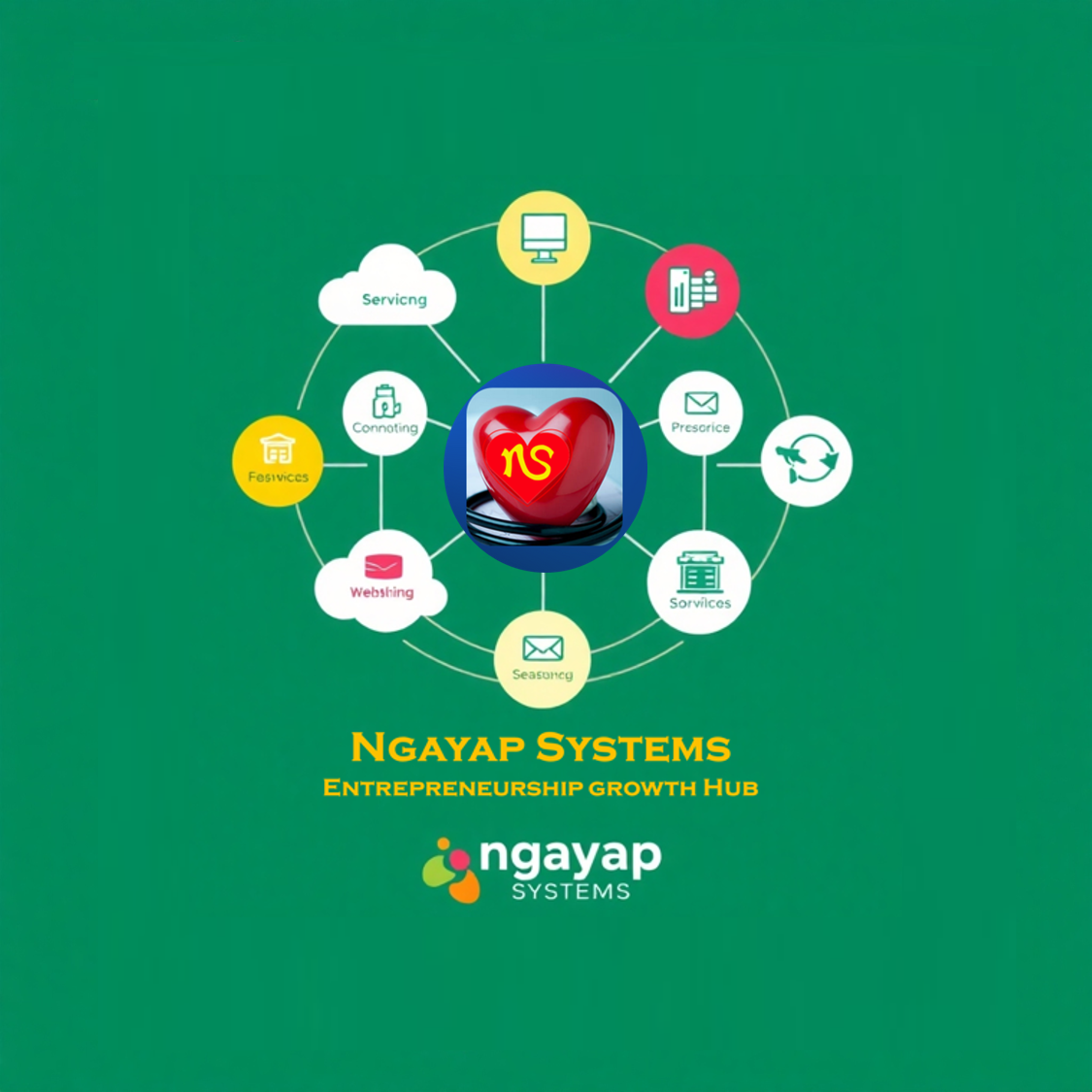  A visual representation of interconnected services flowing seamlessly to achieve business growth. Use abstract shapes and vibrant colors to depict the integration of services offered by Ngayap Systems.