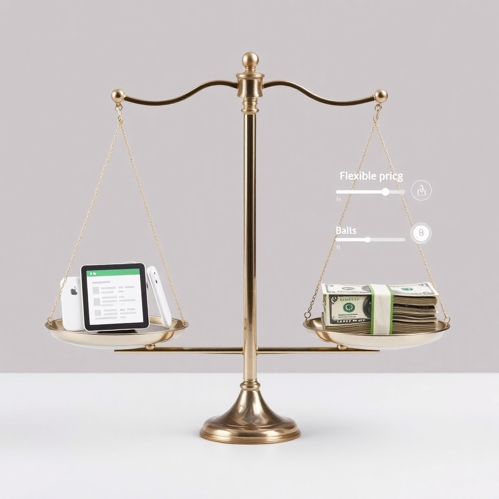 Scales balancing a digital product on one side and money on the other. Depicts flexible pricing, with sliders and options visible.