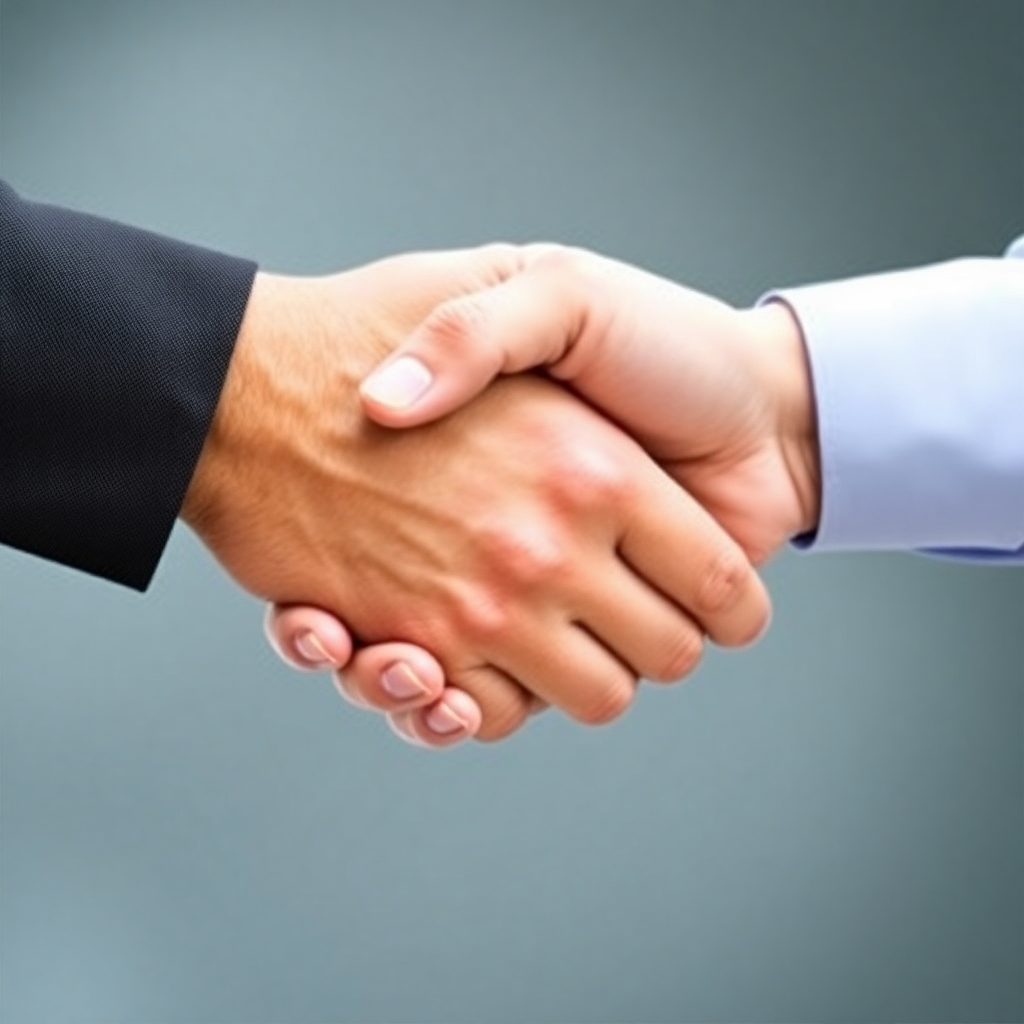 Two hands joining in partnership, symbolizing collaboration and support. Use a professional and trustworthy style.