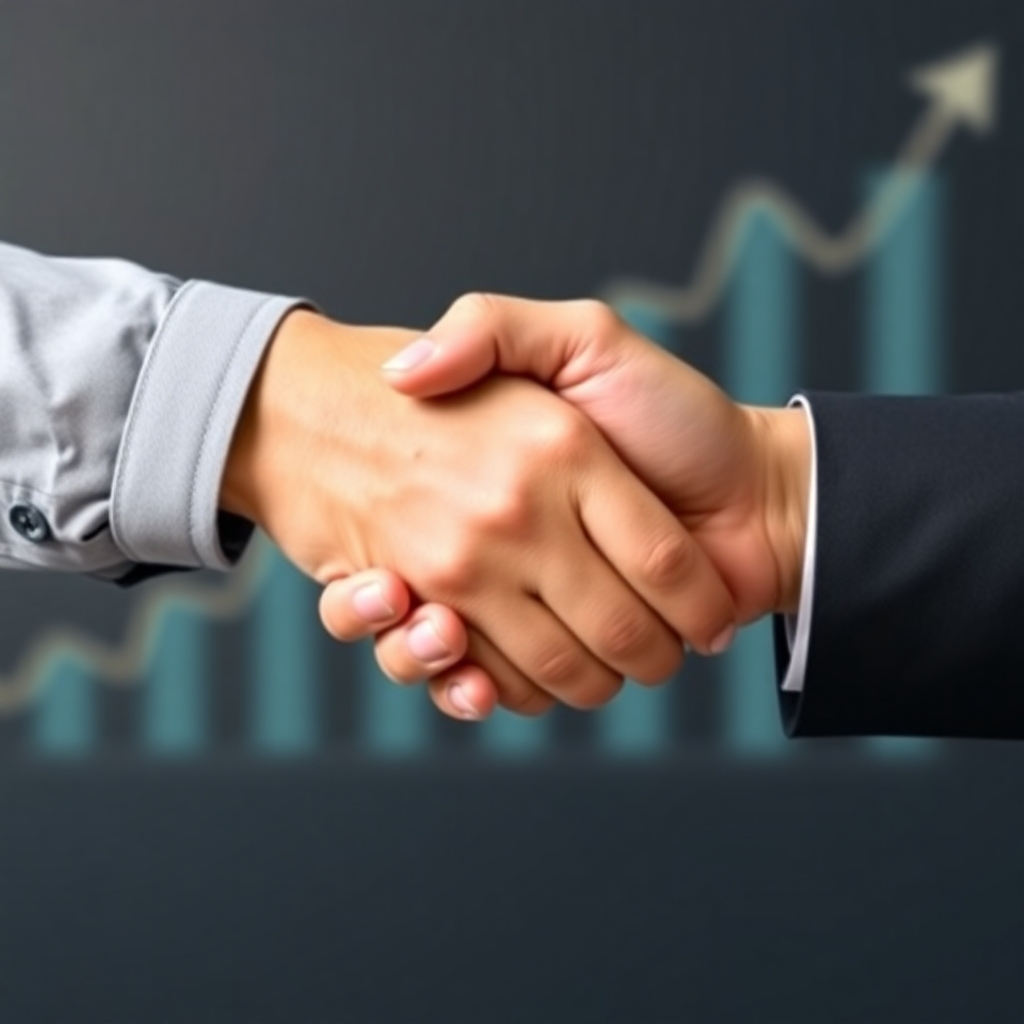 Two hands shaking, symbolizing a strategic partnership, with financial growth represented in the background. Use a professional and trustworthy style.