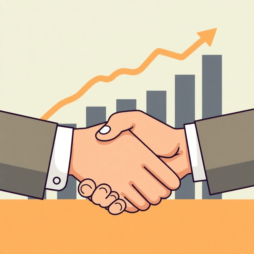 Two hands shaking, symbolizing a strategic partnership, with financial growth in the background. Use a professional and trustworthy style.