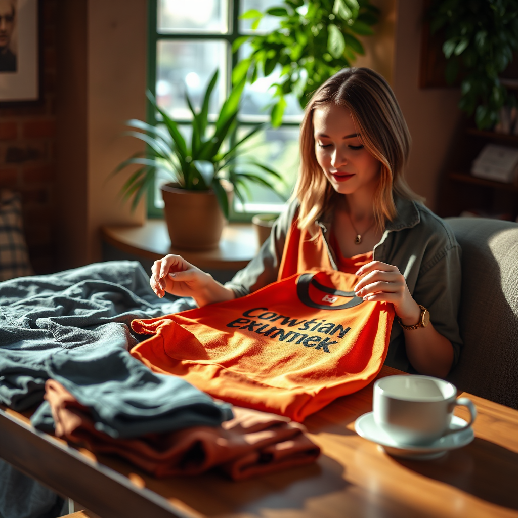 A bright, photorealistic image of a person in a cozy café browsing through a collection of Christian apparel styles displayed on a table. The focus is on a vibrant shirt with a positive message, with soft lighting that creates an inviting ambiance. The surrounding décor is warm and welcoming, with coffee cups and greenery enhancing the overall feel. The concept emphasizes both style and comfort while showcasing the importance of selecting apparel that reflects personal faith. Captured in 8K resolution, with fine details on fabric and background elements.