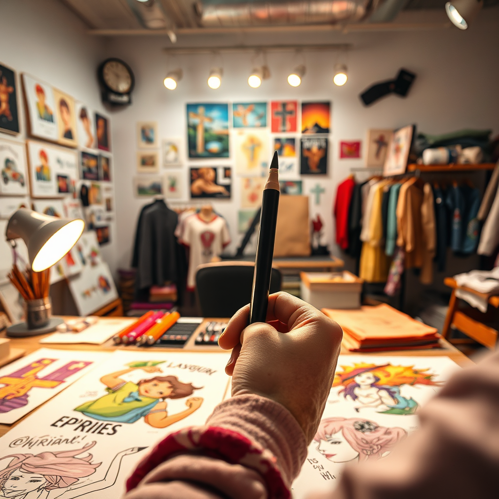 A captivating image of a design studio where a designer works on custom art for Christian apparel. The workspace is filled with inspiration boards and vibrant fabric swatches. Bright studio lights highlight the texture of the materials and sketches, creating an energetic atmosphere. A close-up of a designer's hands holding a fabric pen against colorful artwork adds a personal touch to the scene. Created in high quality at 4K resolution, emphasizing creativity and craftsmanship.