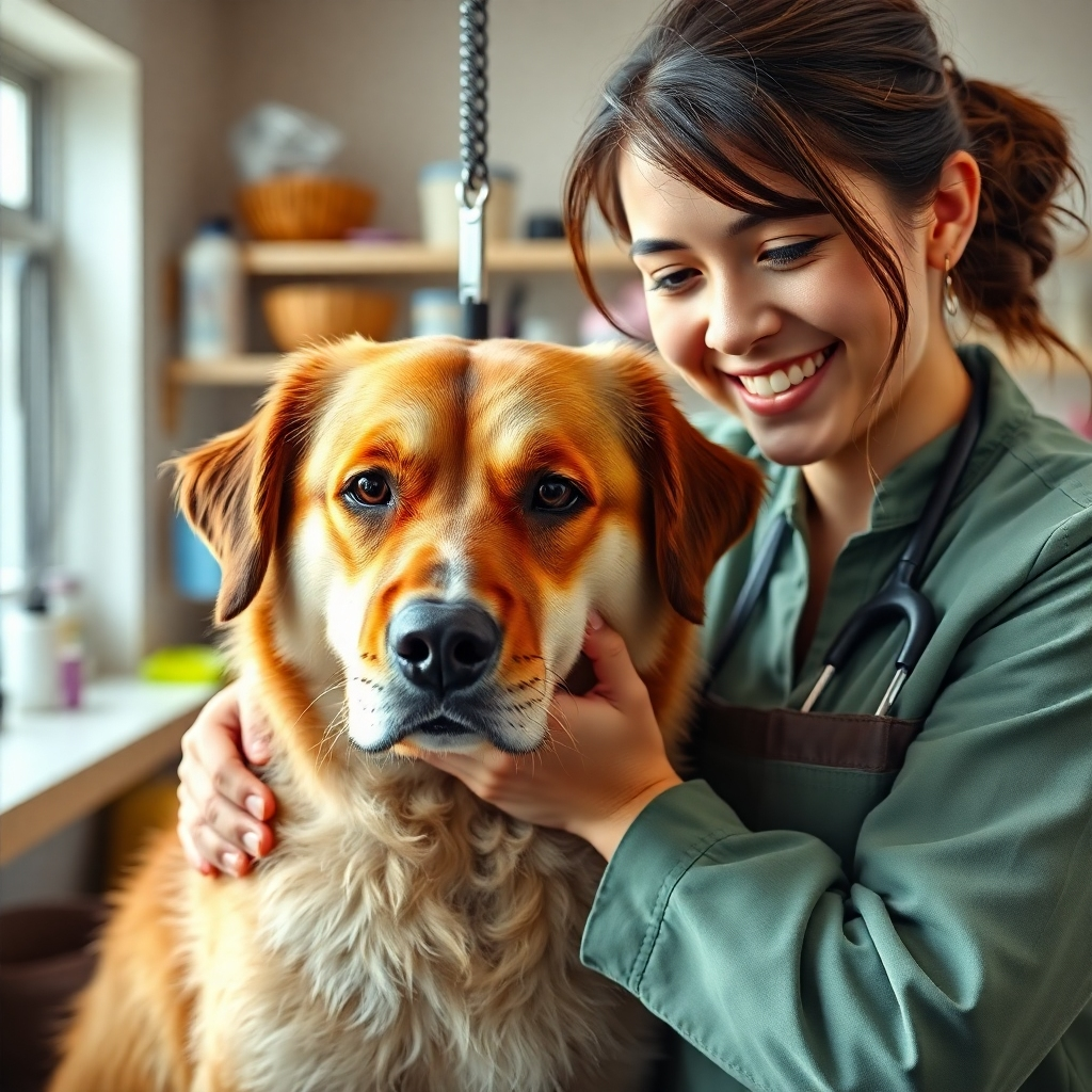A close-up of a caring dog groomer skillfully trimming the fur of a large, calm dog. The groomer displays a warm smile, showcasing compassion while working in a bright, inviting grooming studio filled with pet-friendly equipment and supplies.
