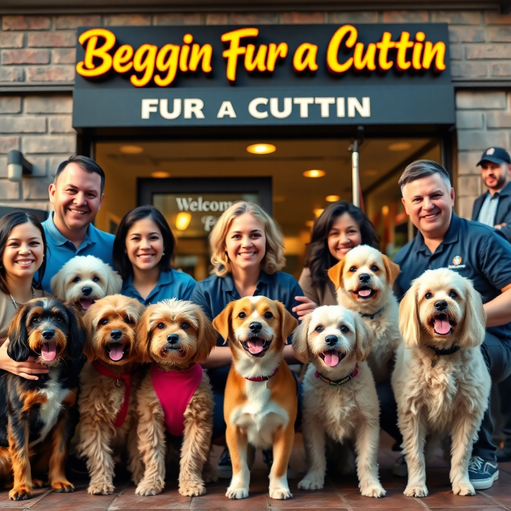 A collage of happy pet owners with their freshly groomed pets in front of Beggin Fur a Cuttin. Include smiling faces, a variety of dog breeds showcasing their new looks, and a welcoming storefront sign in the background. Emphasize joy and satisfaction in this vibrant setting.