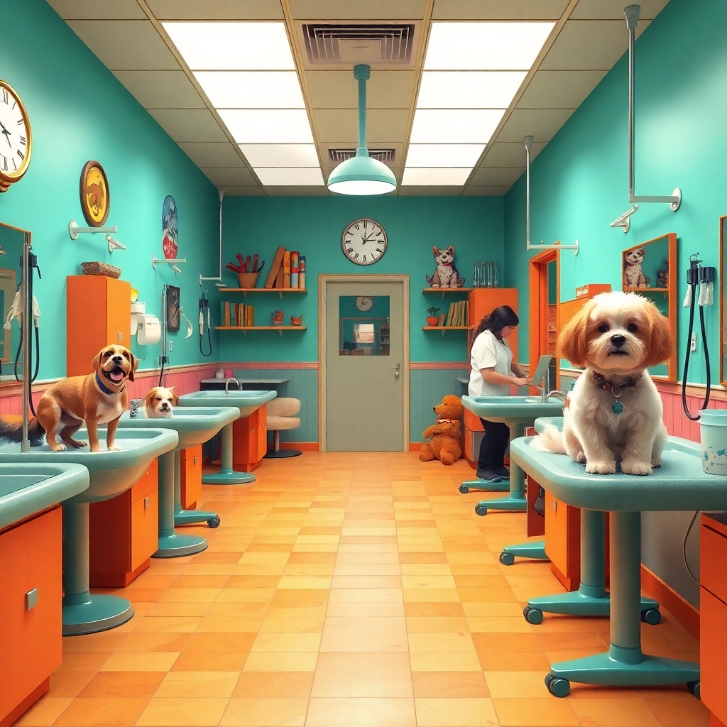 A colorful pet grooming salon interior with various grooming stations. Each station has a different pet being groomed, one receiving a bath, another getting its nails trimmed, and a third in the process of a stylish haircut. The environment is warm and welcoming, with happy pets and skilled groomers.