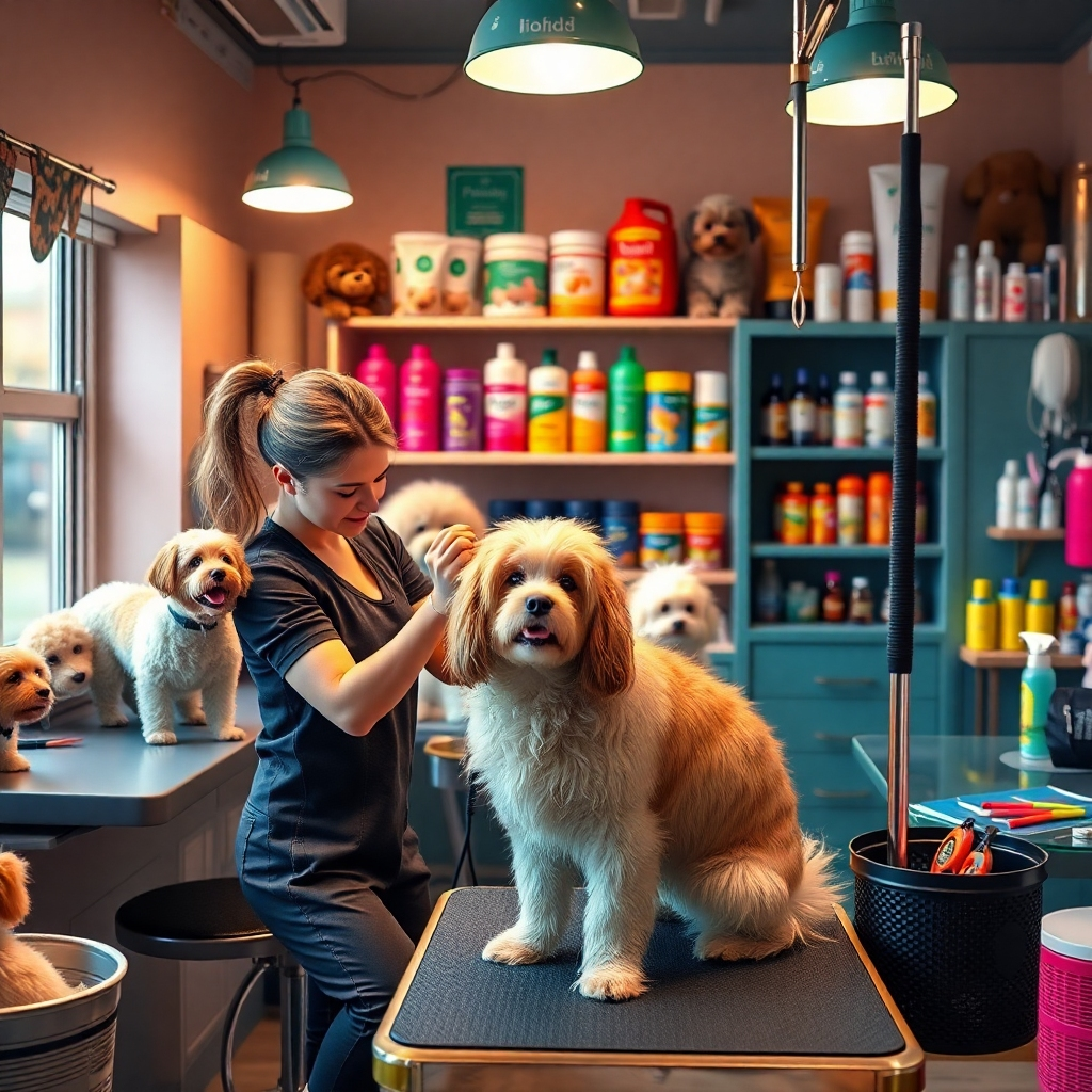 A cozy, well-lit pet grooming salon with a variety of pets being groomed. Show a groomer attentively working on a fluffy dog, with a range of grooming tools displayed nearby. Include an array of colorful pet grooming products on shelves in the background, capturing the essence of personalized care.