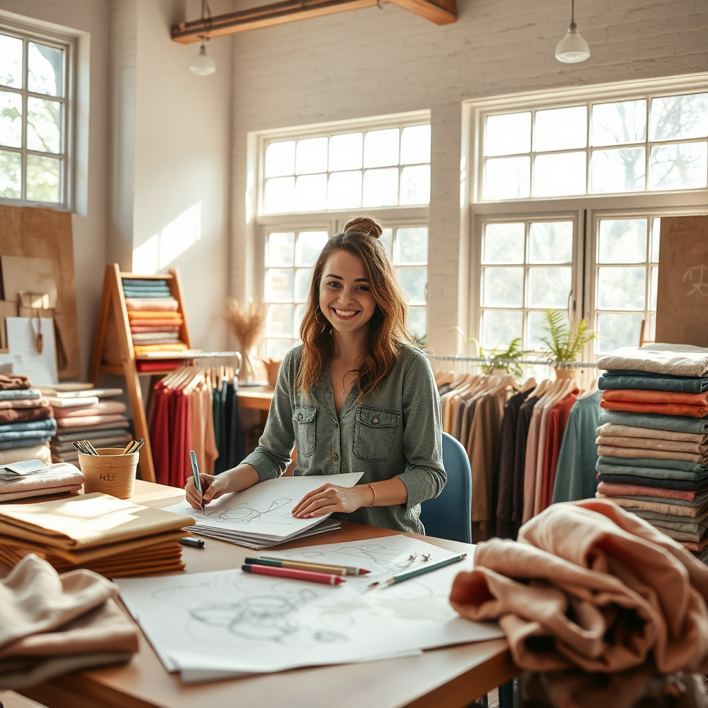 A heartwarming, stylized image showcasing a creative workspace where designers bring Christian apparel to life. The scene includes sketches, vibrant fabric swatches, and a joyful designer at work. Natural light pours in through large windows, enhancing the warm color palette of earthy tones and soft pastels. Textures range from fabric samples to smooth surfaces of sketches, closely capturing the artistry behind each product. This image references a cozy, artistic studio style and is crafted in high quality at 4K resolution, embodying the spirit of creativity and faith.