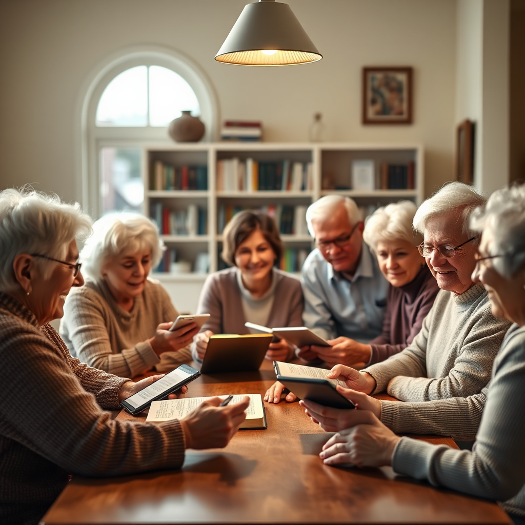 A photorealistic image representing our mission of 'AI for 55+ with Christian beliefs'. The image should depict a diverse group of seniors gathered around a table with tablets and Bibles, sharing ideas. The lighting is bright and cheerful, enhancing feelings of community and support. The color palette should feature warm hues like gold and soft beige. The environment can be a cozy community center with Christian literature in the background. The image should evoke connection, engagement, and hope in high quality, 4K resolution.