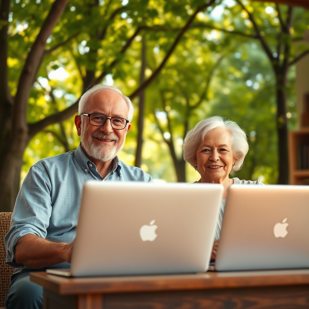 A photorealistic, ultra-high quality header image for 'Pointing Tree Press'. The composition should include a serene elderly couple with laptops, surrounded by warm natural light filtering through trees, symbolizing growth and knowledge. The color palette should be soft greens and browns to evoke tranquility. The camera angle is slightly below eye level, capturing their smiles and focused expressions. The environment is an inviting home office with Christian symbols subtly present, like a cross or inspirational quotes. The overall texture is inviting and warm, aiming for hyperrealistic detail in 8K resolution.