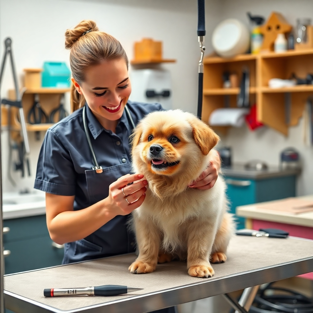 A professional pet groomer gently trimming the fur of a fluffy dog at a grooming table. The groomer is smiling, wearing a uniform, and showing a caring demeanor. The surrounding areas are filled with pet grooming tools and a friendly atmosphere, conveying trust and expertise.