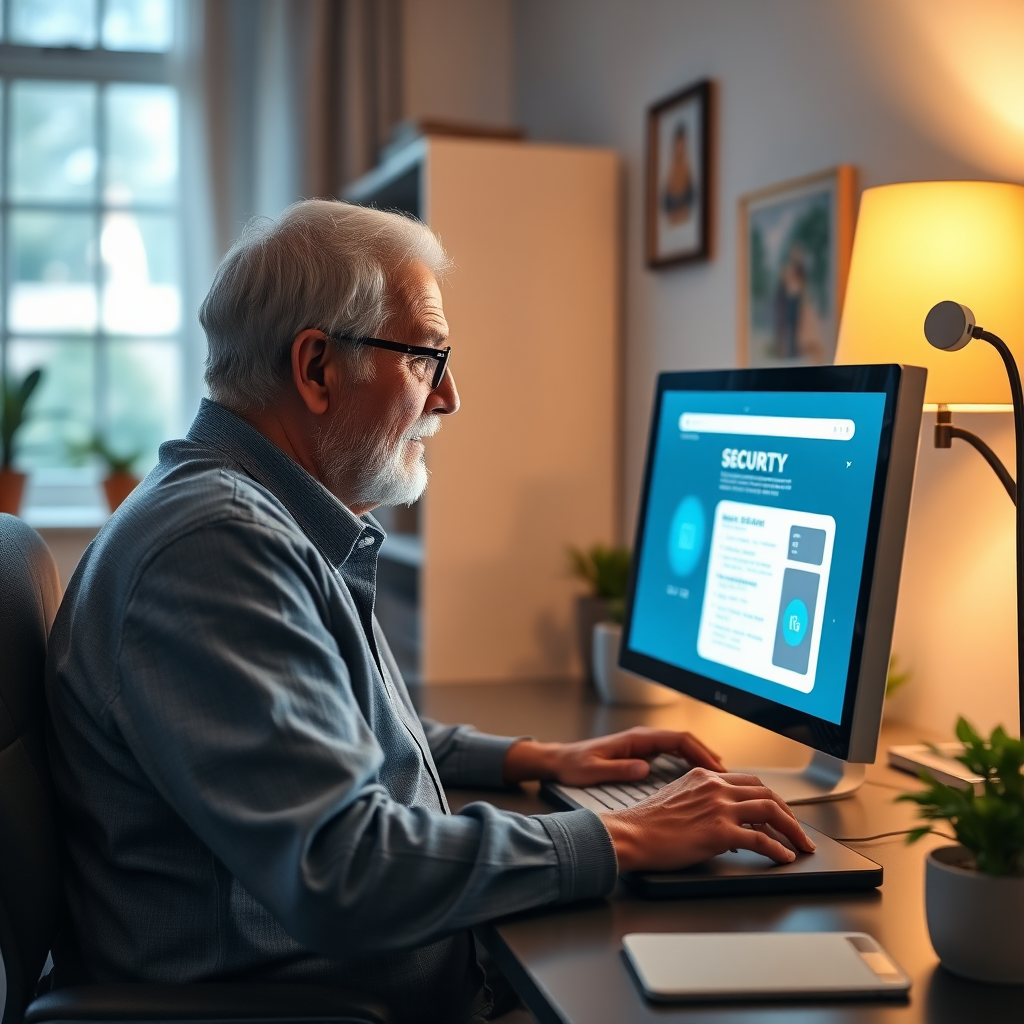A reassuring image of a senior using a computer in a well-lit home office, with a digital security guide displayed on the screen. Surround the scene with a sense of security, featuring calming colors and inviting textures that convey trust and safety in the digital landscape.