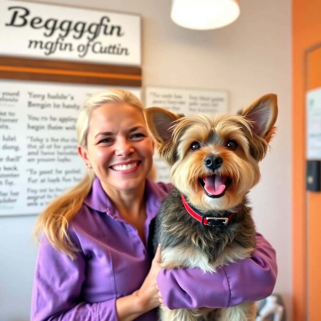 A vibrant scene of a happy pet owner picking up their freshly groomed dog from Beggin Fur a Cuttin. The pet looks clean and stylish, with a big smile on the owner's face. In the background, a wall displays customer testimonials, showcasing the salon's positive reputation.