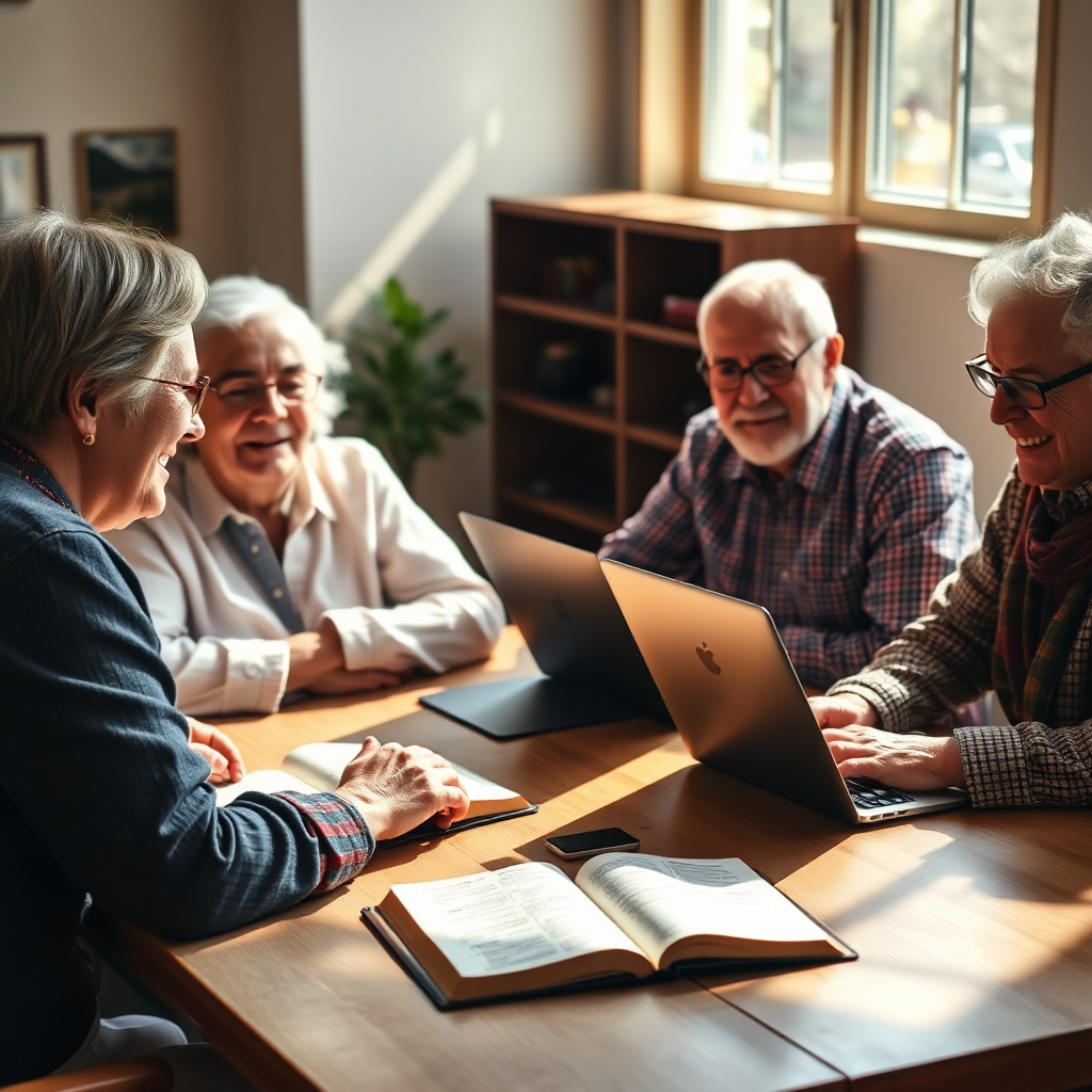 A warm image depicting a group of seniors discussing digital topics with a Bible and laptops on a table. Natural light fills the room, creating a joyous atmosphere of collaboration. The elements should highlight the fusion of faith with technology, making it visually inviting and relatable.